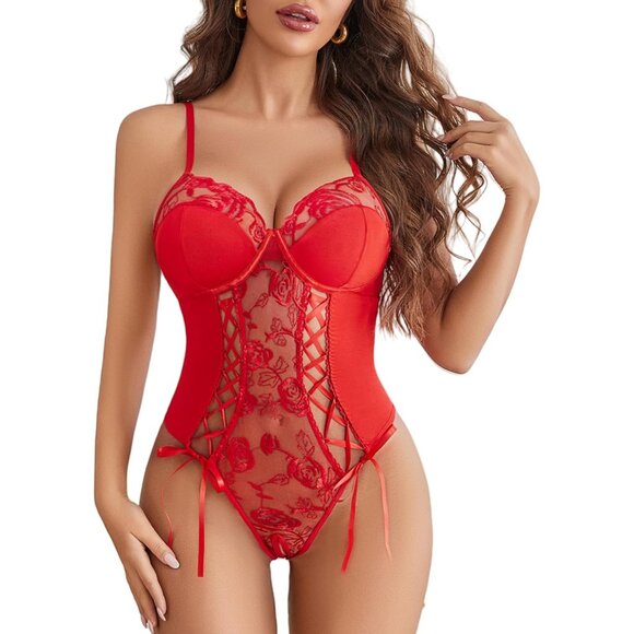 Womens Red AI Lace Up V Neck Bustier Lingerie One Piece Teddy Bodysuit Outfit - Picture 1 of 6